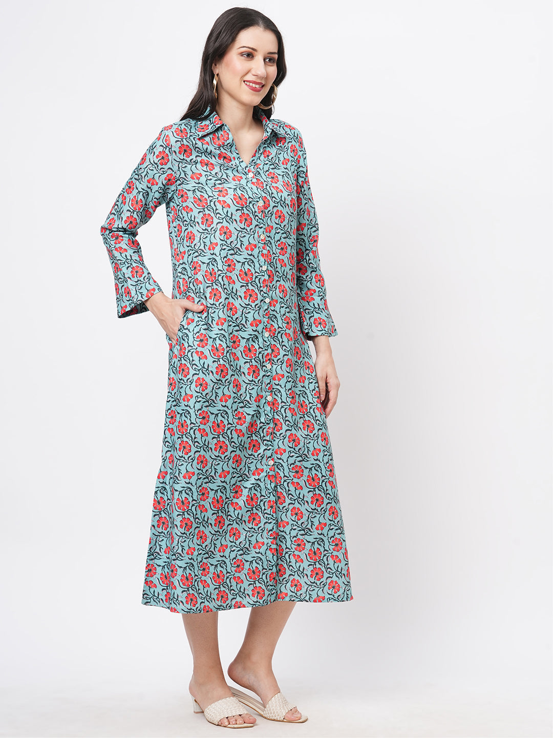 Featuring A Teal Floral Printed Long Shirt Dress In Regular Fit