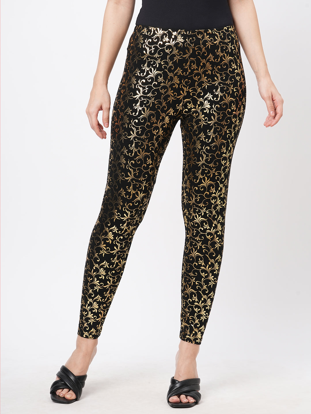 Spell Binding Gold Foil Printed Cotton Lycra Black Legging Handcrafted For You.
