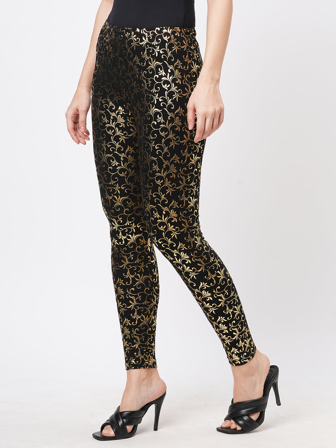 Spell Binding Gold Foil Printed Cotton Lycra Black Legging Handcrafted For You.