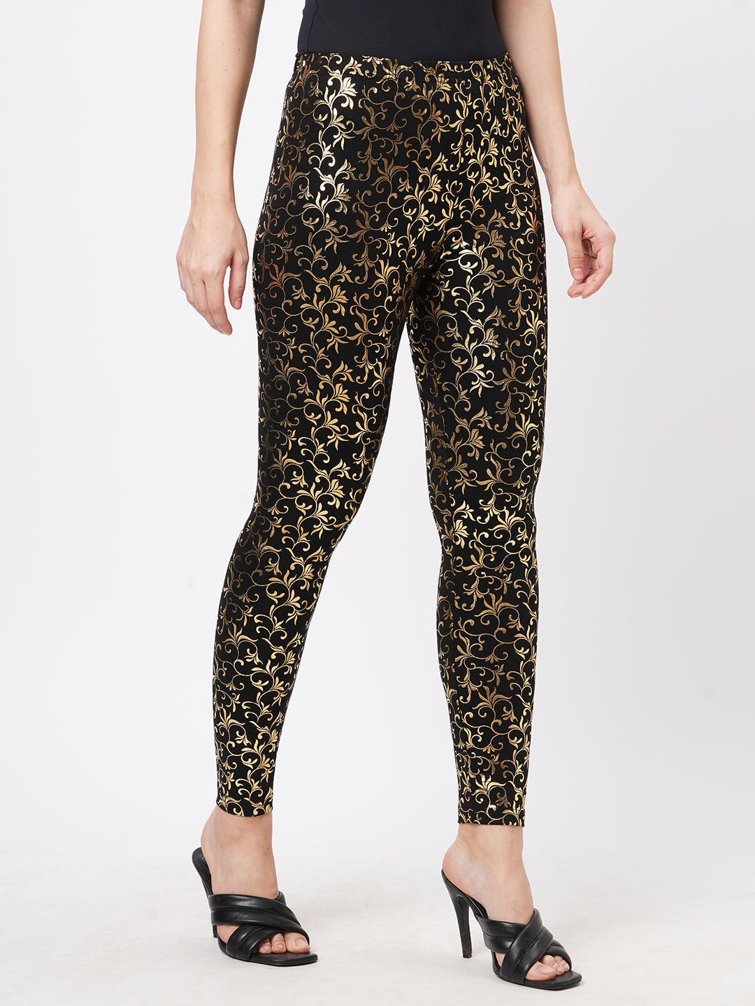 Spell Binding Gold Foil Printed Cotton Lycra Black Legging Handcrafted For You.