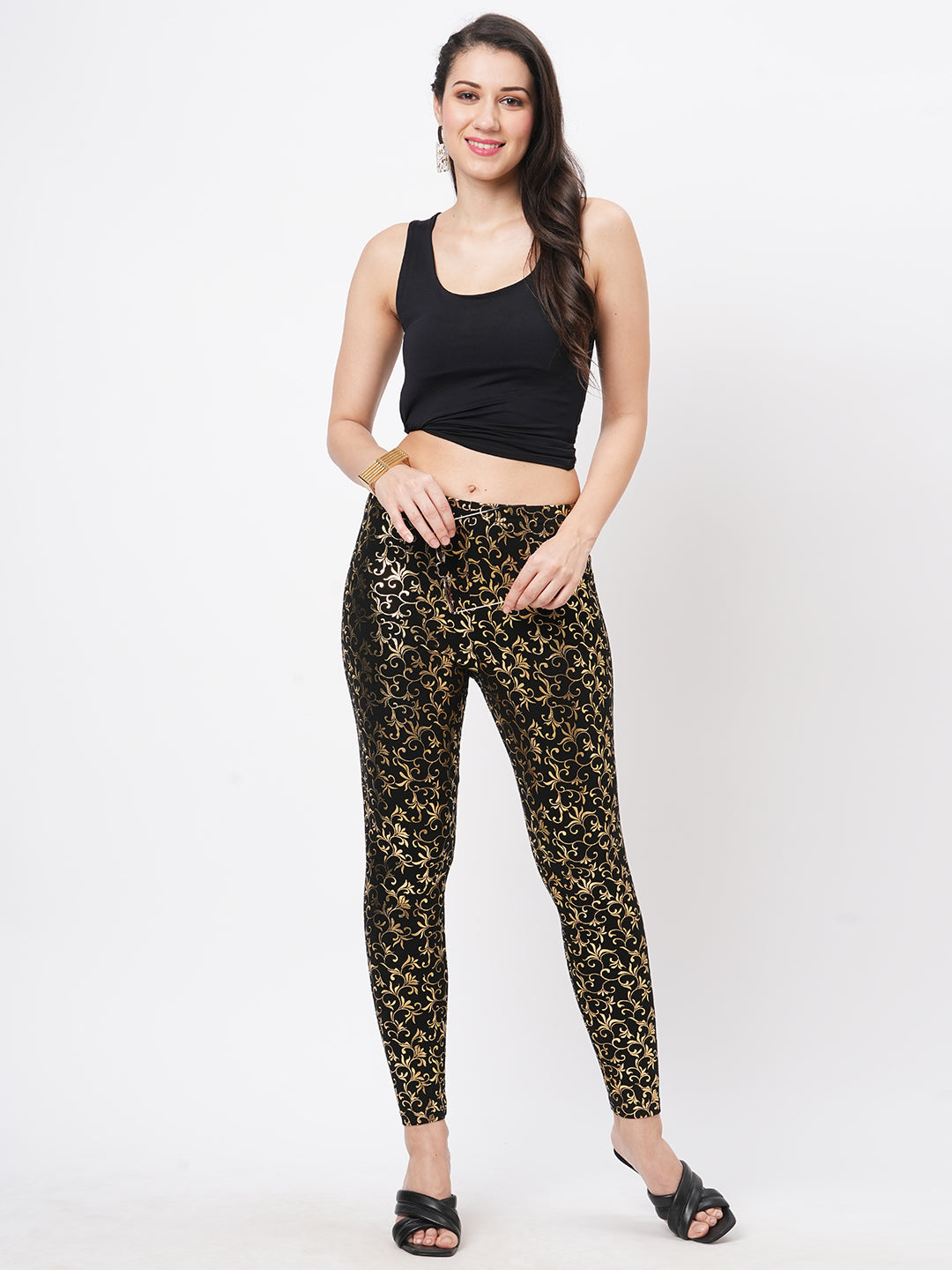 Spell Binding Gold Foil Printed Cotton Lycra Black Legging Handcrafted For You.
