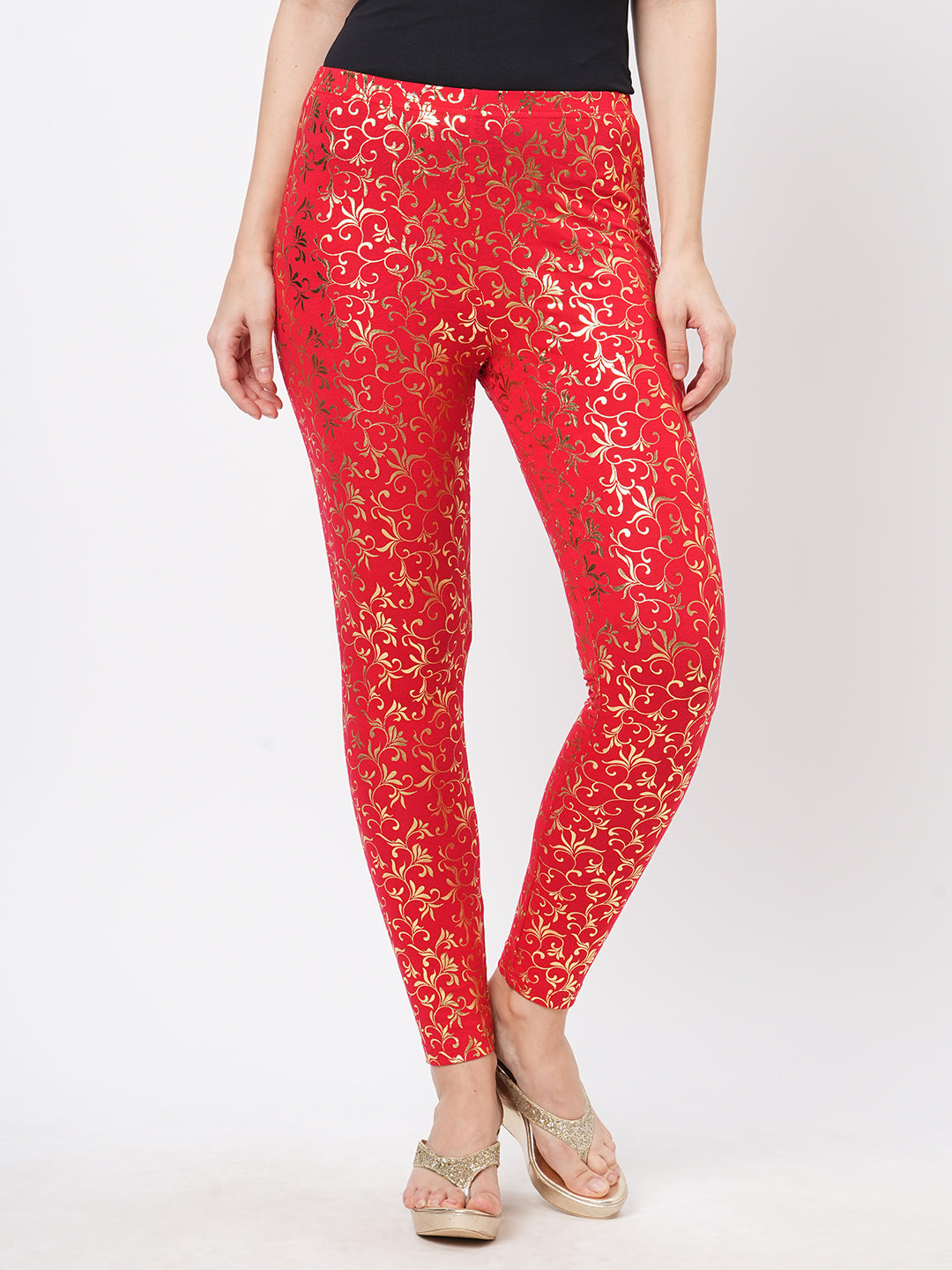 Spell Binding Gold Foil Printed Cotton Lycra Maroon Legging Handcrafted For You.