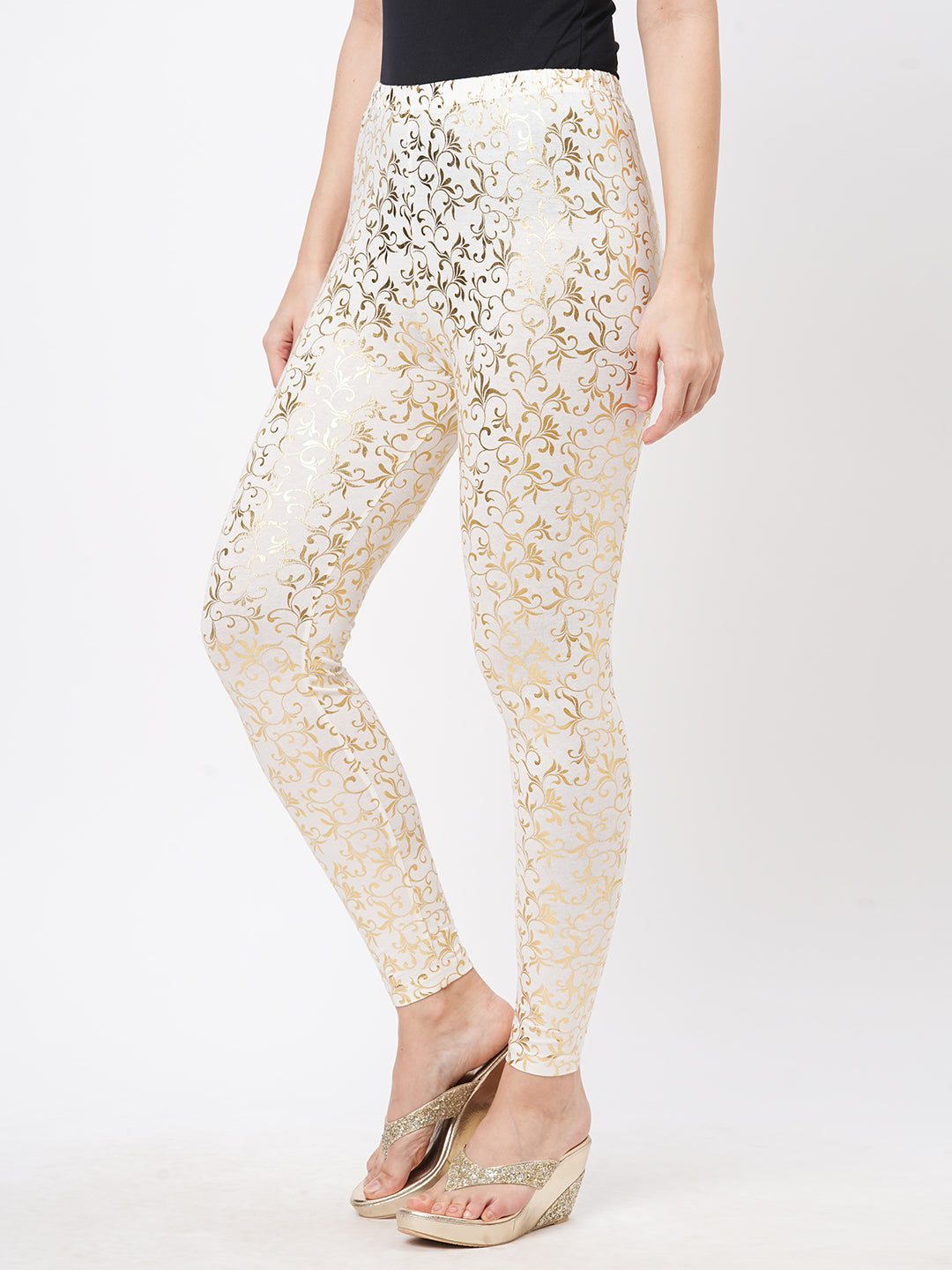 Spell Binding Gold Foil Printed Cotton Lycra Offwhite Legging Handcrafted For You.