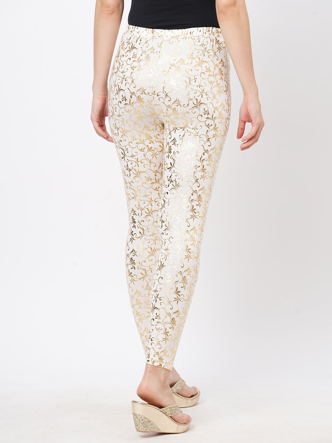 Spell Binding Gold Foil Printed Cotton Lycra Offwhite Legging Handcrafted For You.