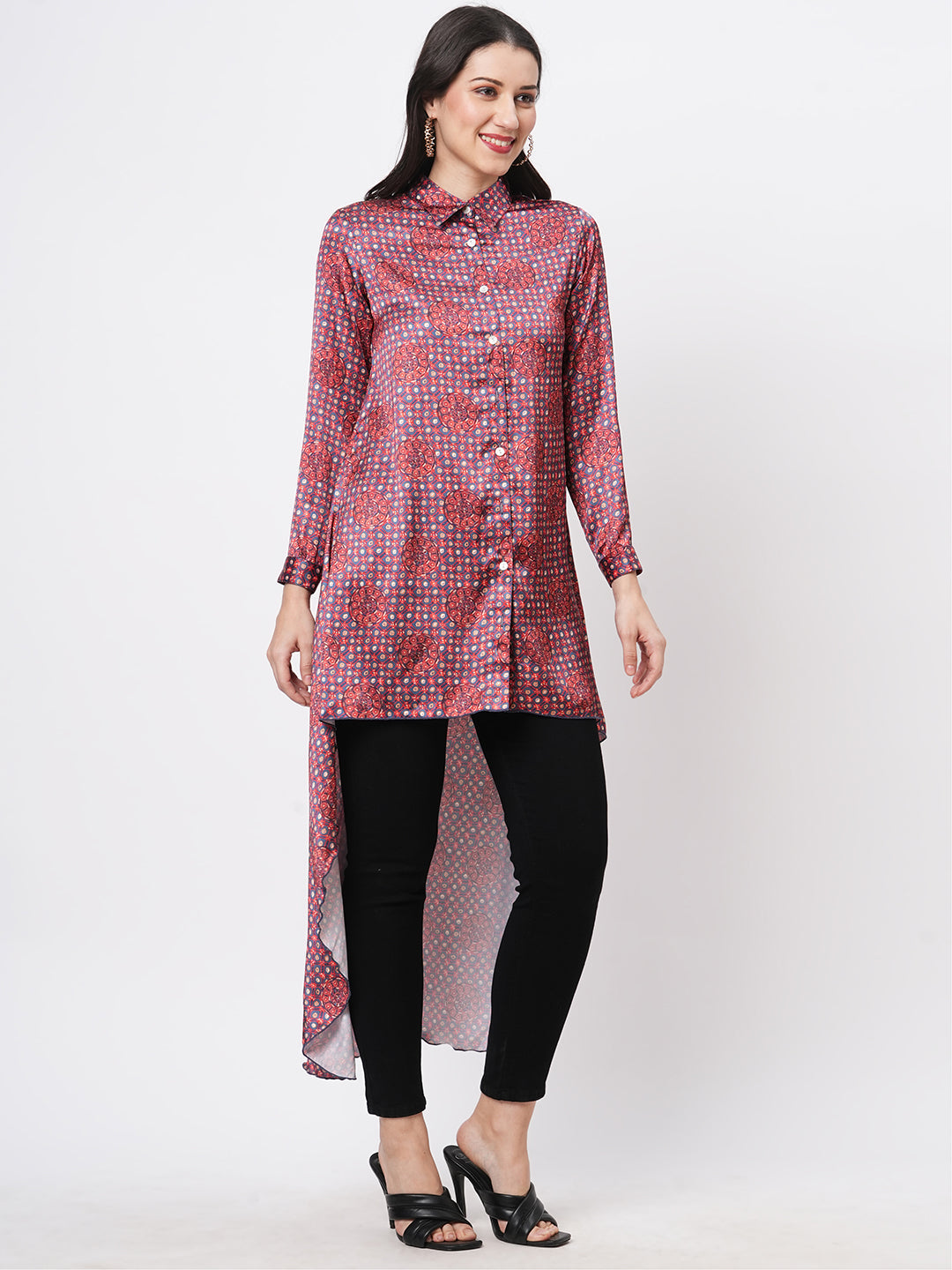 High Low Front Placket Shirt In A Relaxed Fit And Traditional Earthy Tone Color