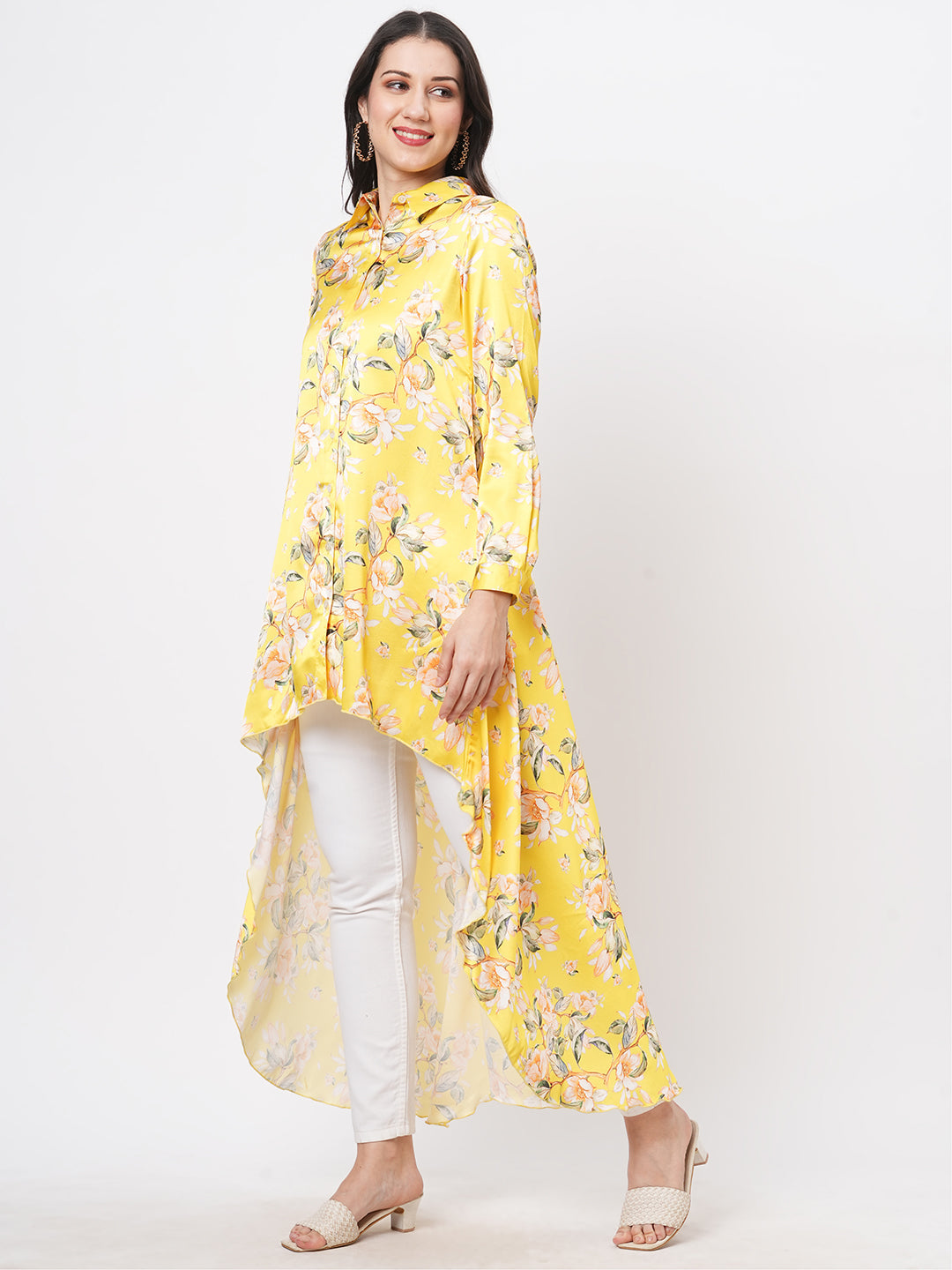 High Low Front Placket Shirt In A Relaxed Fit In Bright Canary Hue