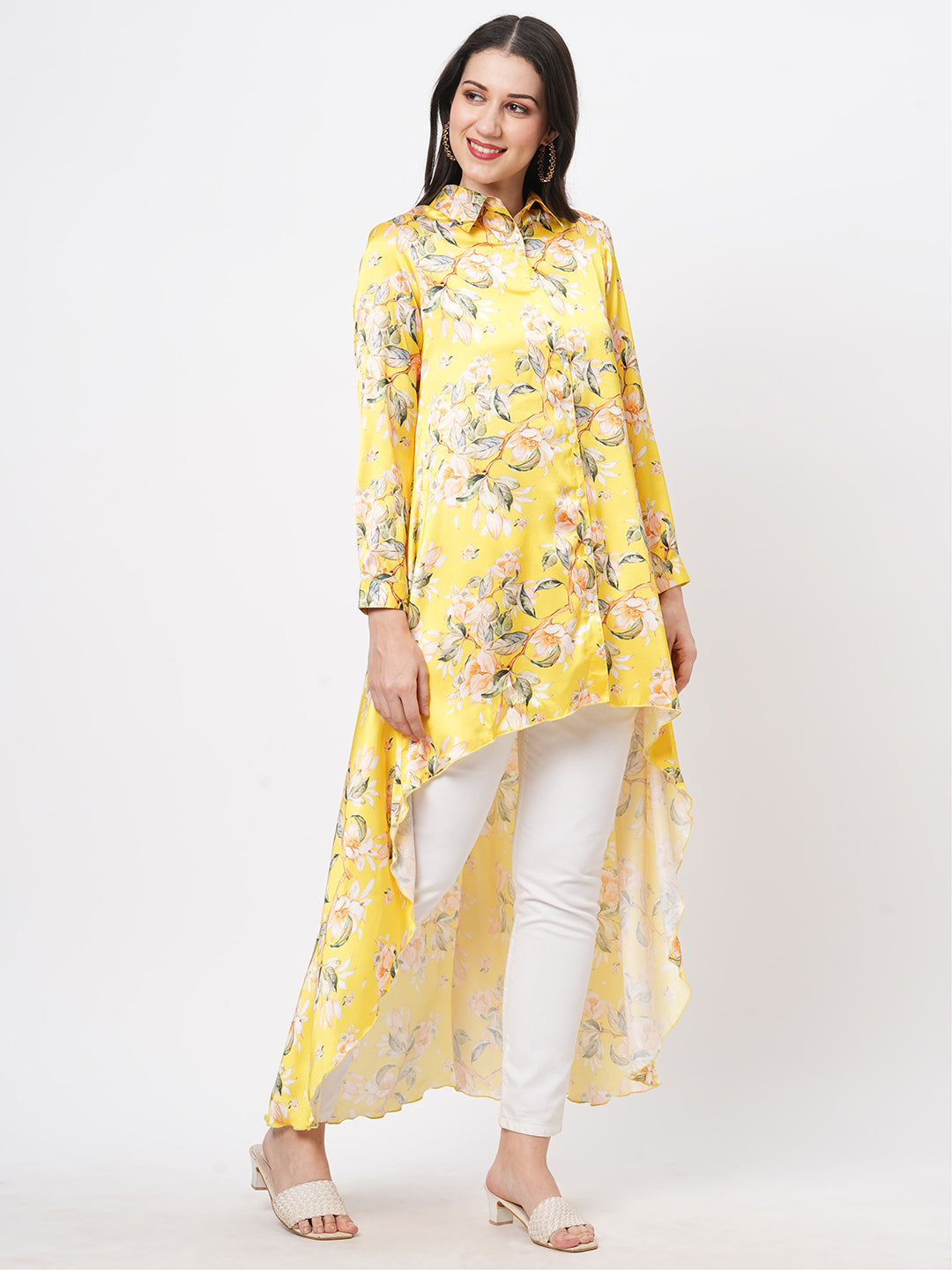 High Low Front Placket Shirt In A Relaxed Fit In Bright Canary Hue