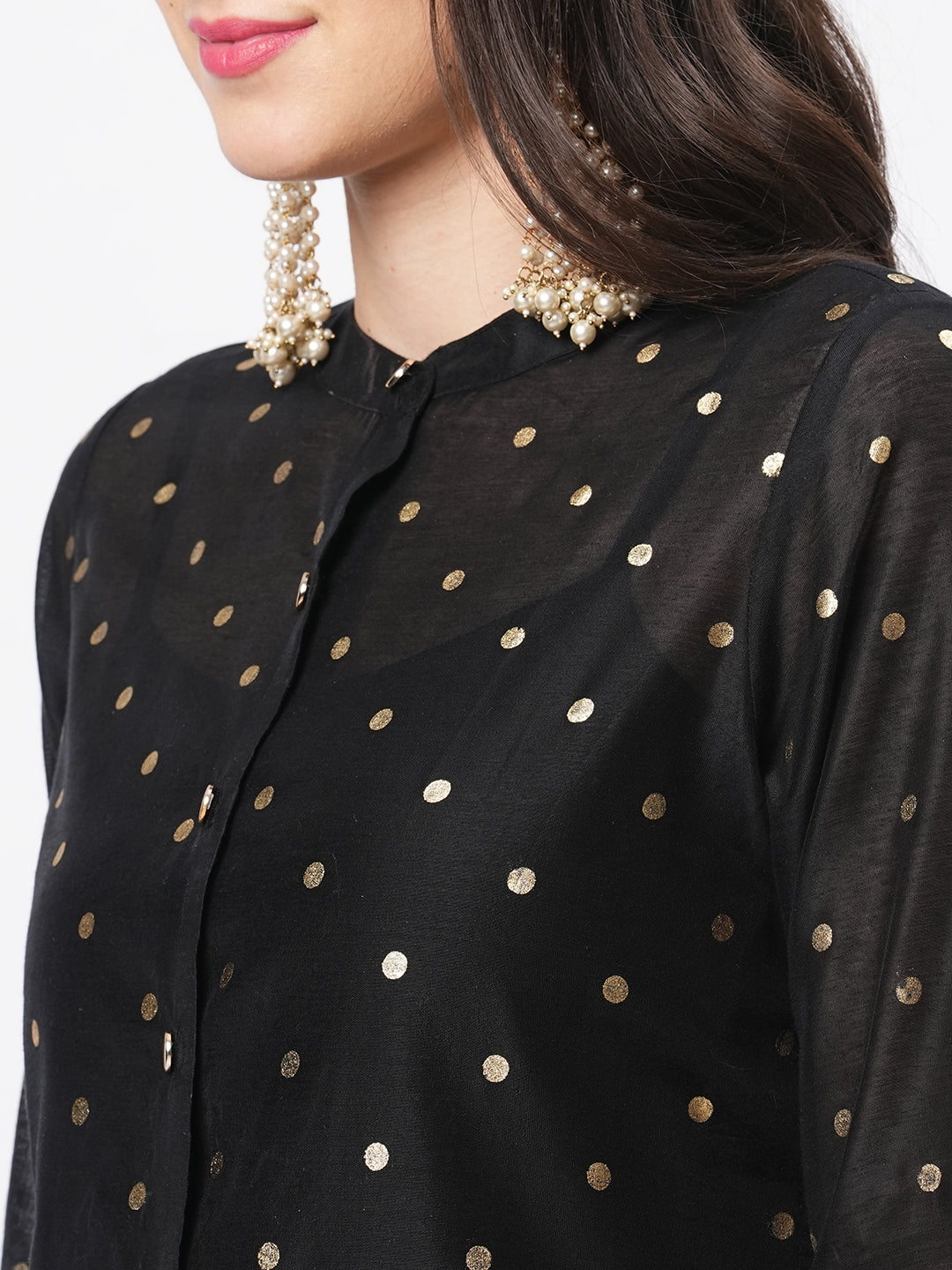 Gold Polka Dotted Black Chanderi Kurta With A Cotton Inner And Roll Up Sleeves.