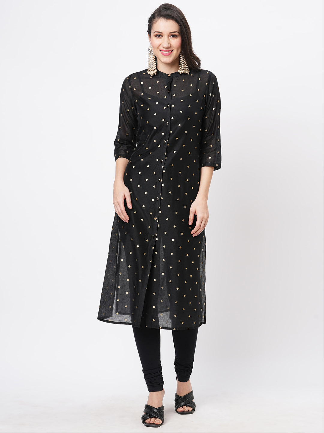 Gold Polka Dotted Black Chanderi Kurta With A Cotton Inner And Roll Up Sleeves.
