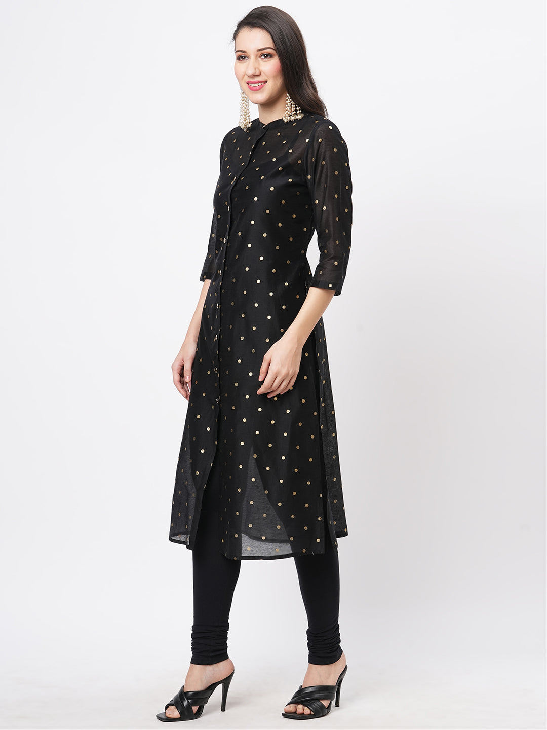 Gold Polka Dotted Black Chanderi Kurta With A Cotton Inner And Roll Up Sleeves.