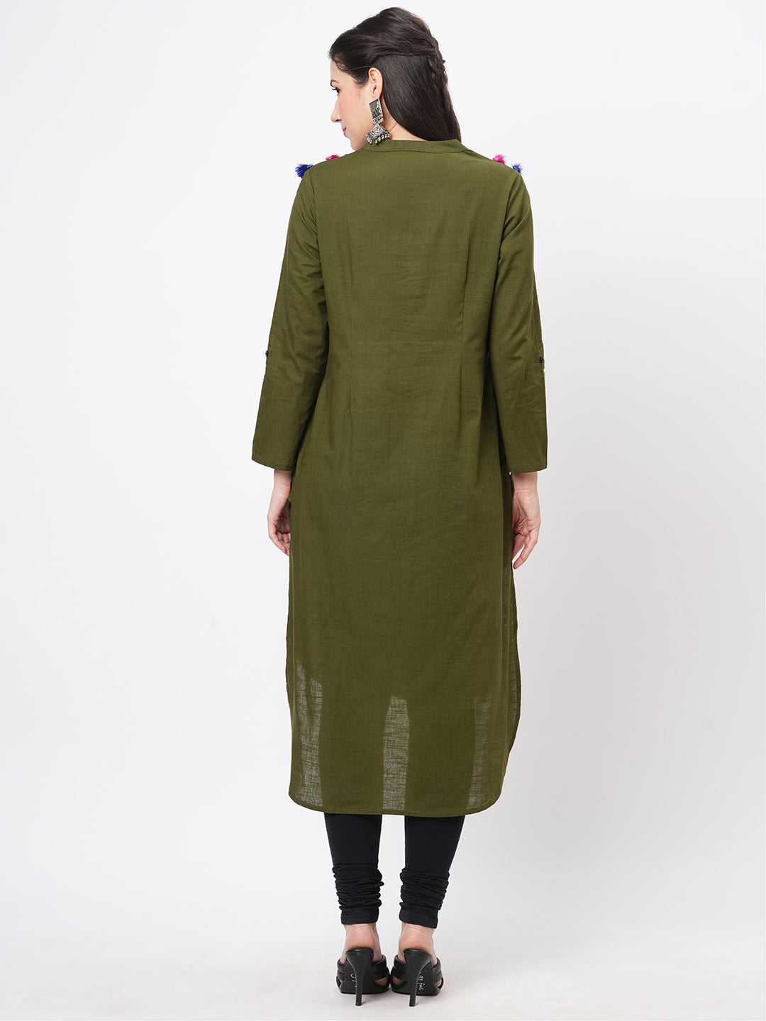 Olive Green Straight Kurta With High Low Hem And Pockets On Both Sides .