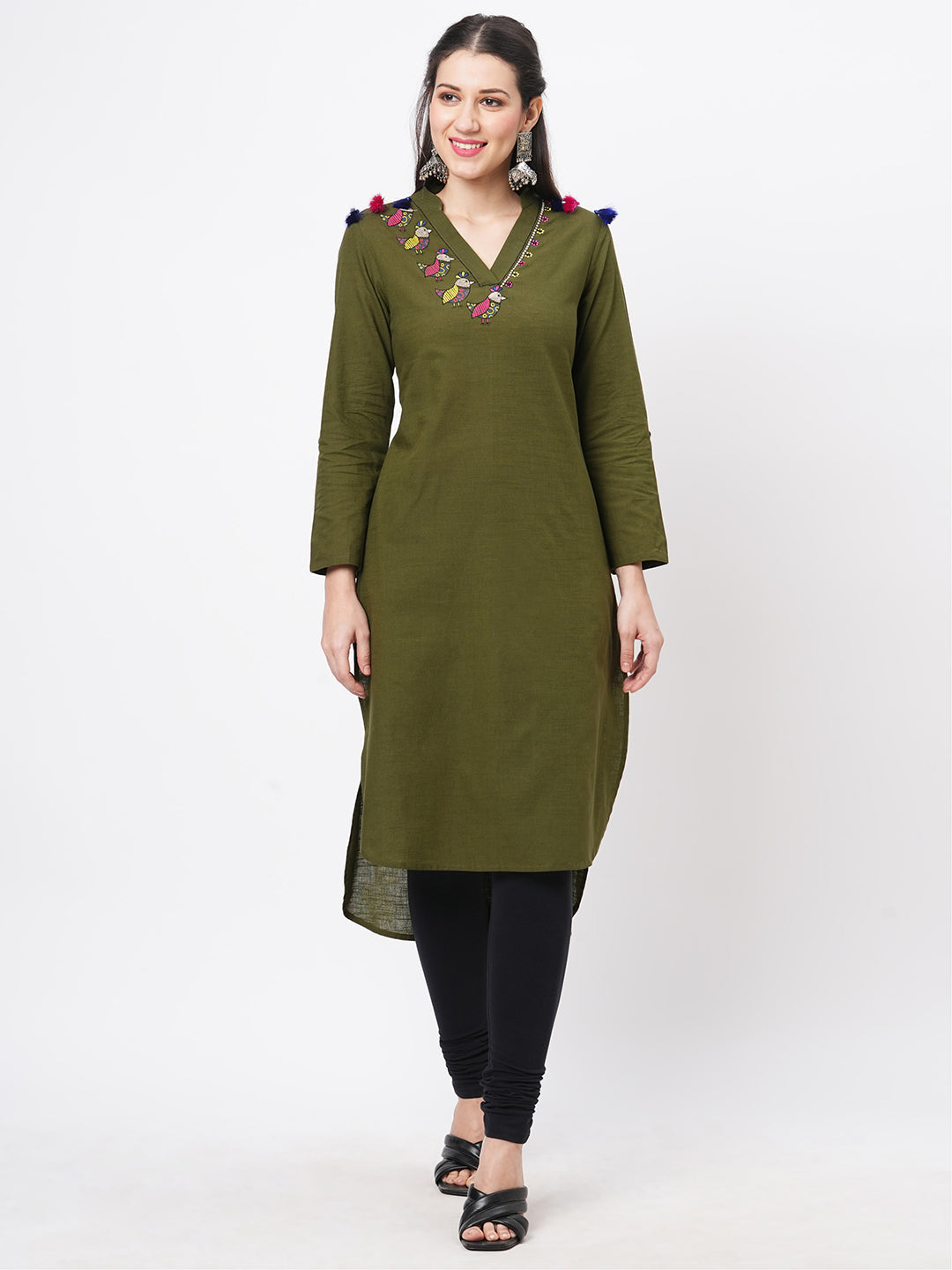 Olive Green Straight Kurta With High Low Hem And Pockets On Both Sides .