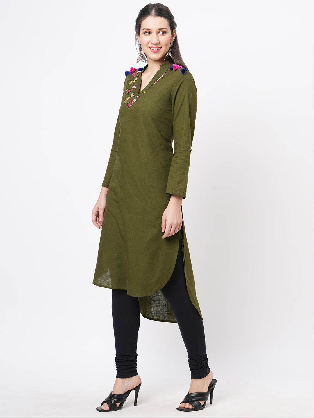 Olive Green Straight Kurta With High Low Hem And Pockets On Both Sides .