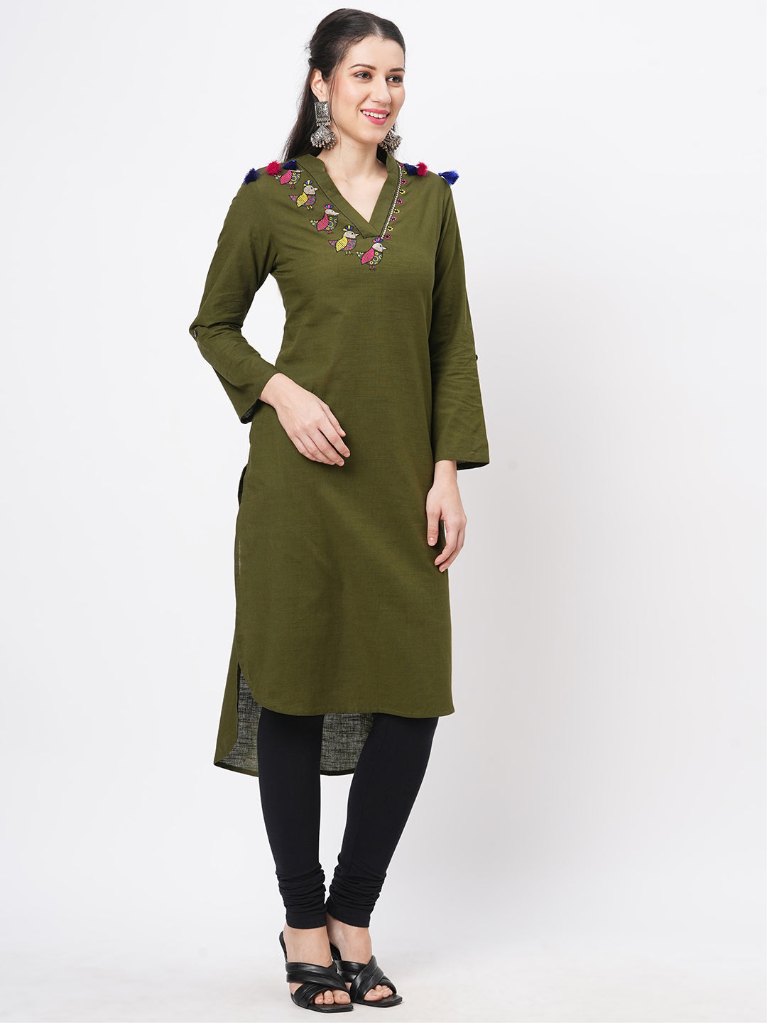 Olive Green Straight Kurta With High Low Hem And Pockets On Both Sides .