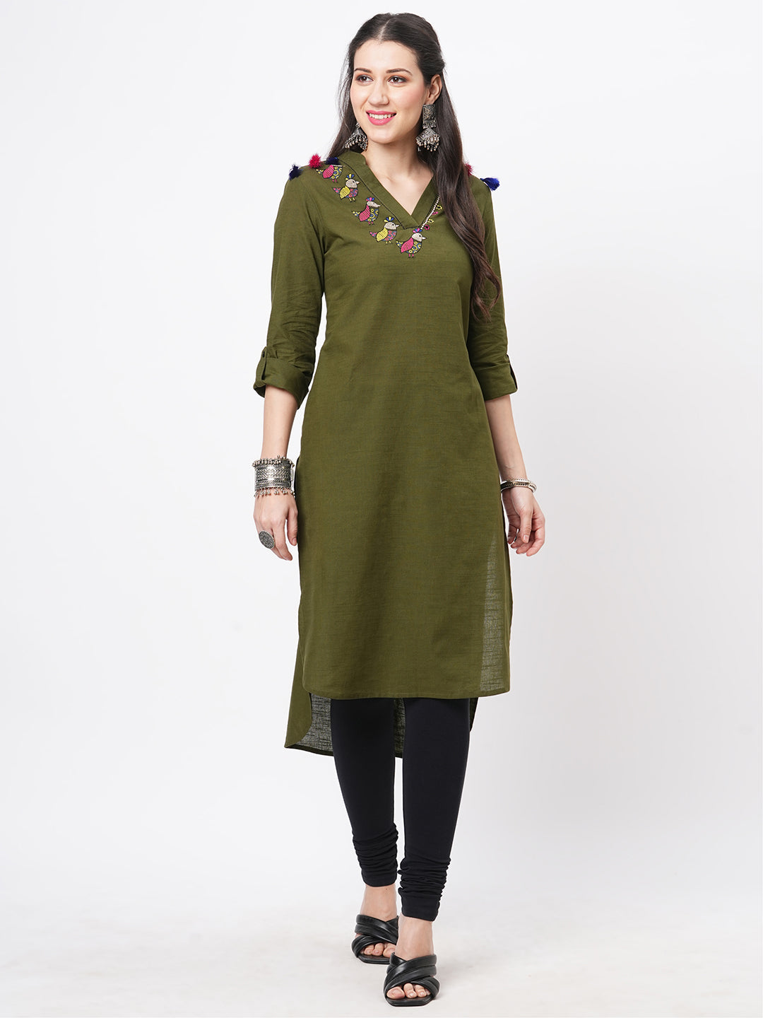 Olive Green Straight Kurta With High Low Hem And Pockets On Both Sides .
