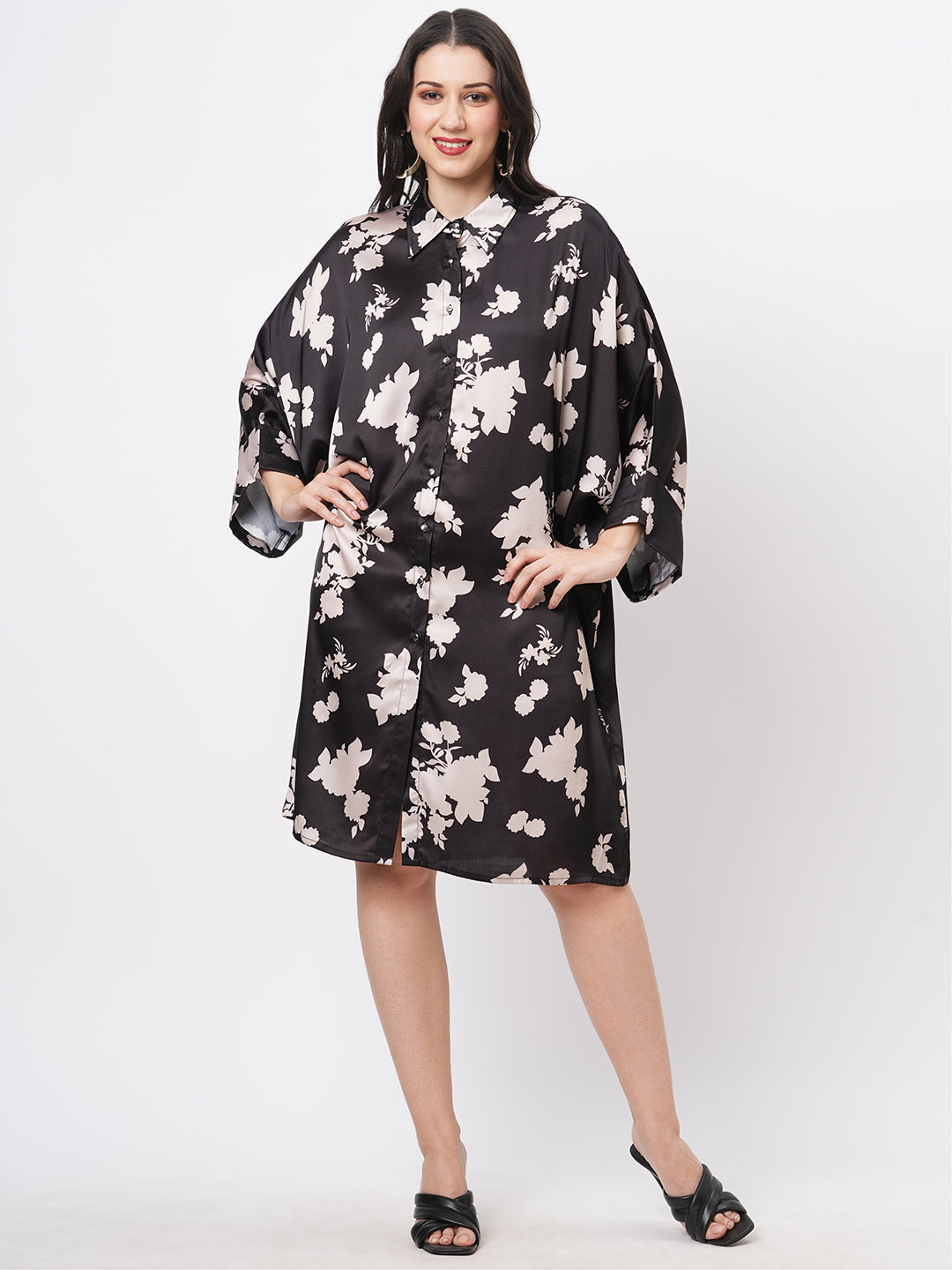 Featuring A Knee Lenth Freesize Kaftan Shirt Dress With Front Button Down Placket
