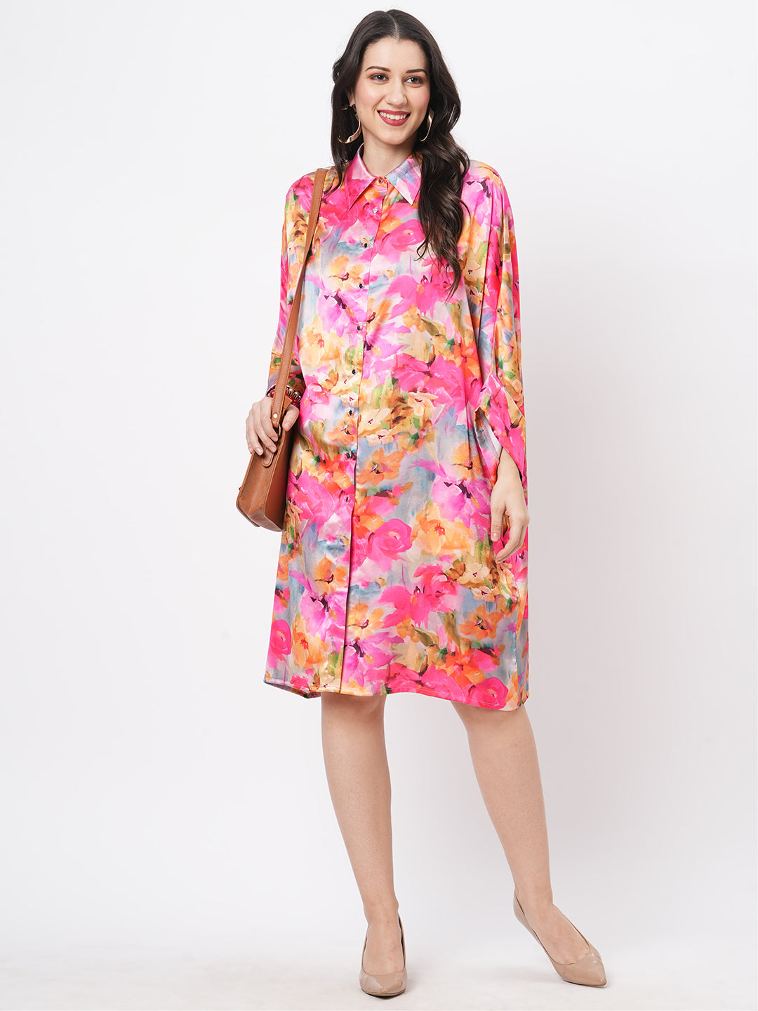 Featuring A Knee Lenth Freesize Kaftan Shirt Dress With Front Button Down Placket