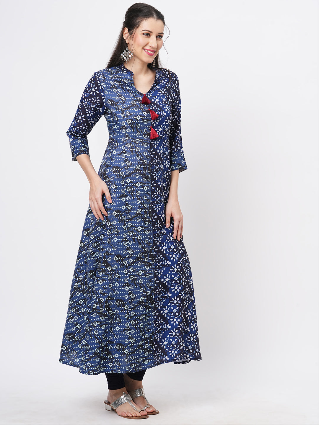 Indigo Two Print Long Flared Kurta Complimenting Each Other With Contrast Color Tassel At The Neck.