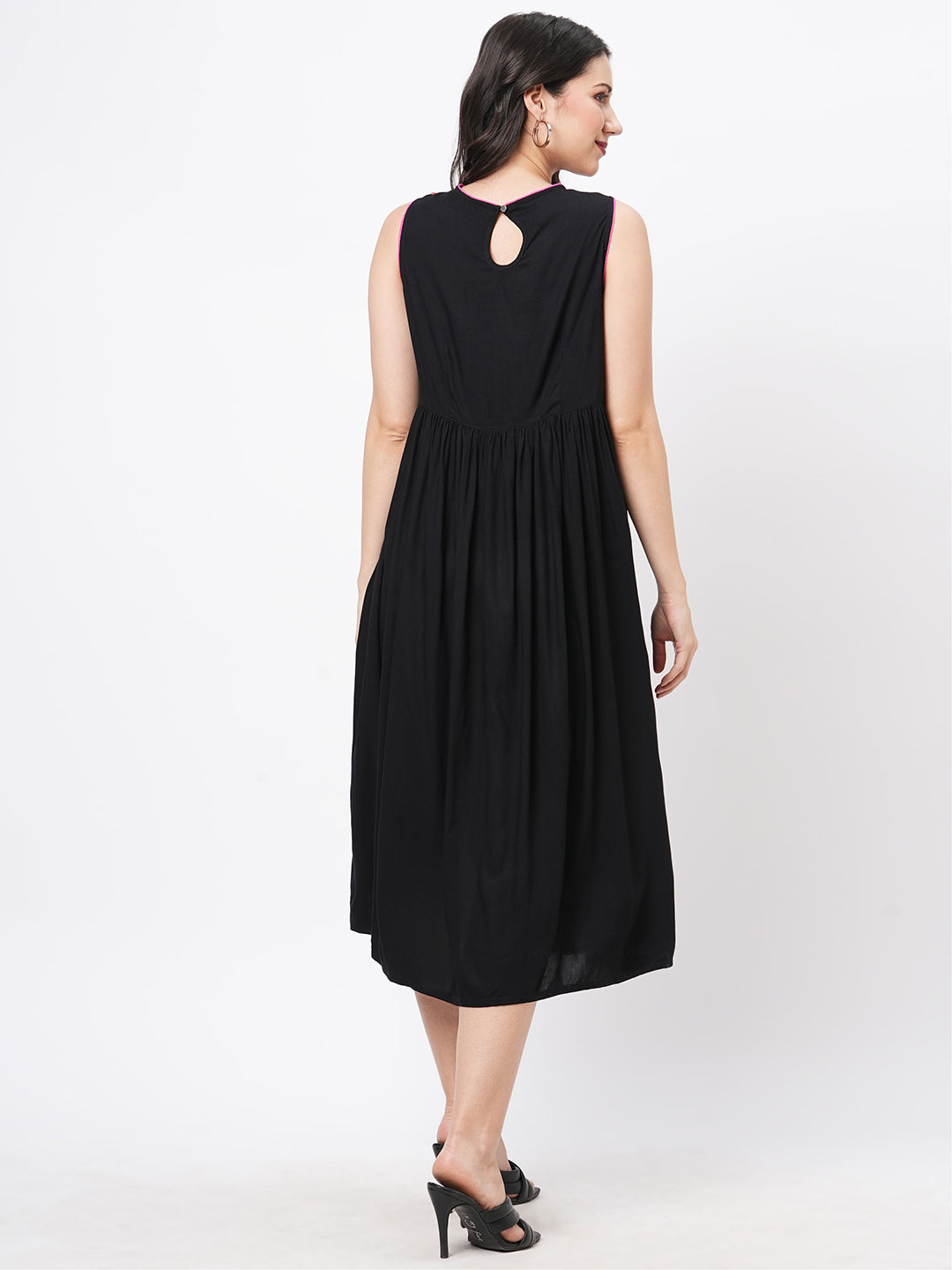 Featuring A Black Boho Calf Length Airy Dress With Tassel And Embroidery