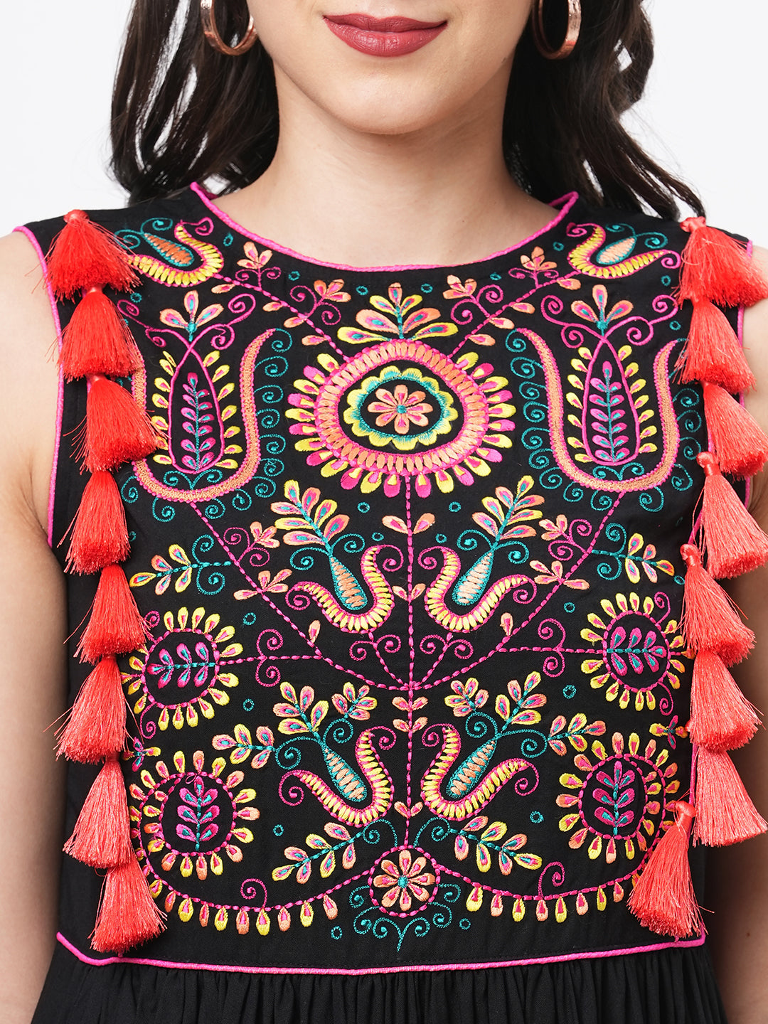Featuring A Black Boho Calf Length Airy Dress With Tassel And Embroidery