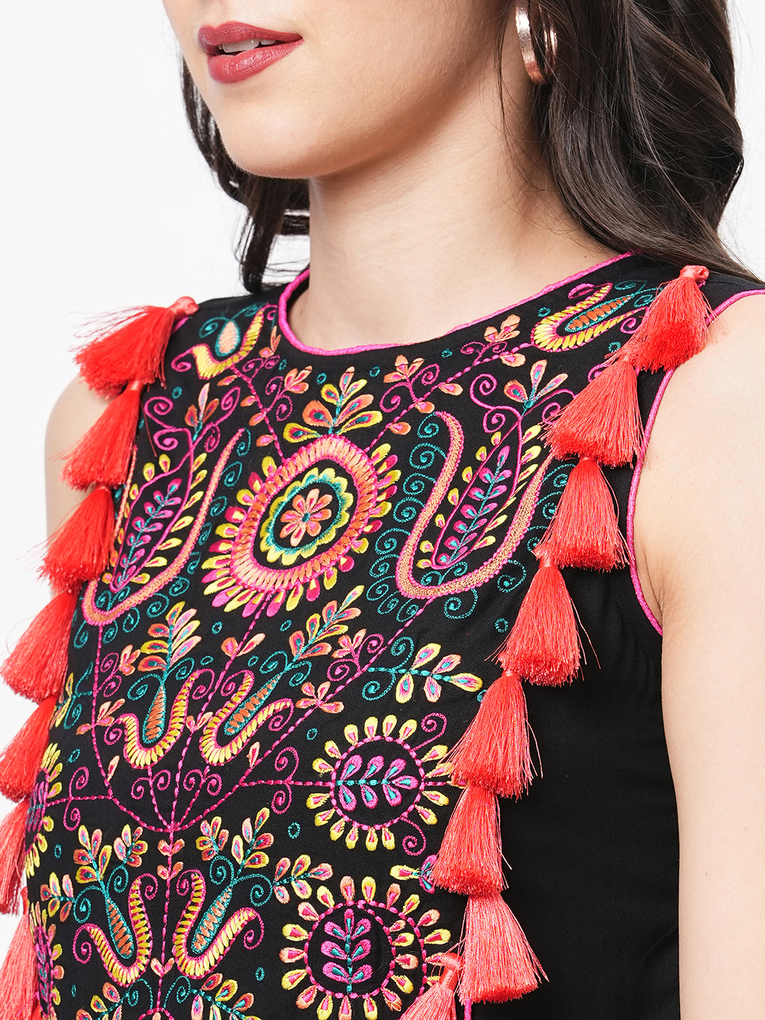 Featuring A Black Boho Calf Length Airy Dress With Tassel And Embroidery