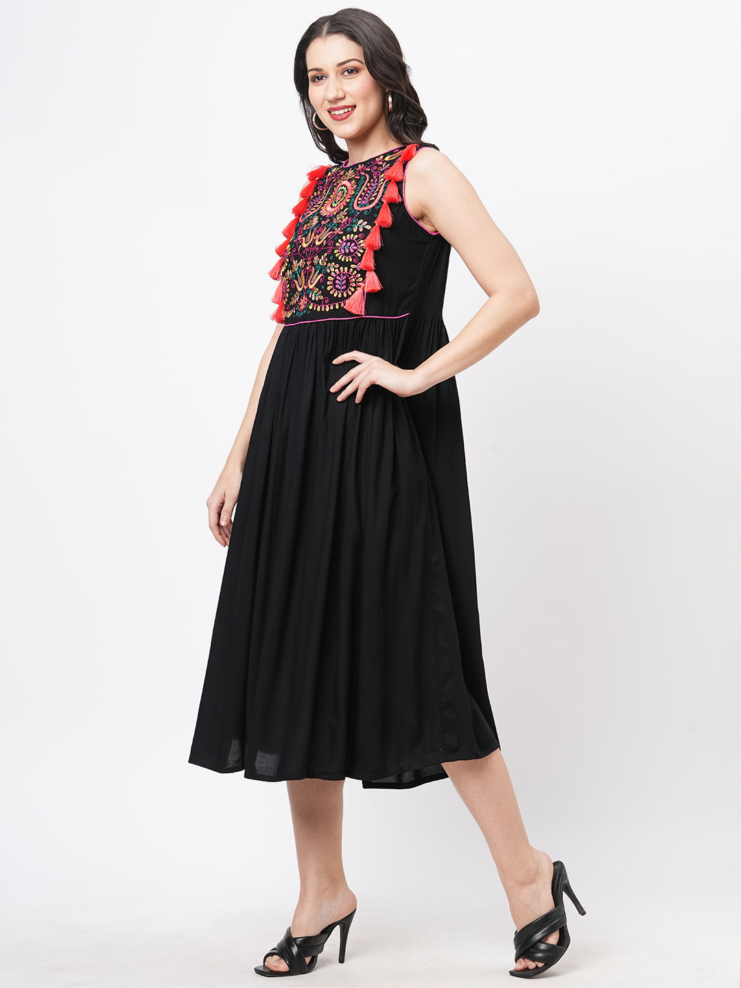 Featuring A Black Boho Calf Length Airy Dress With Tassel And Embroidery