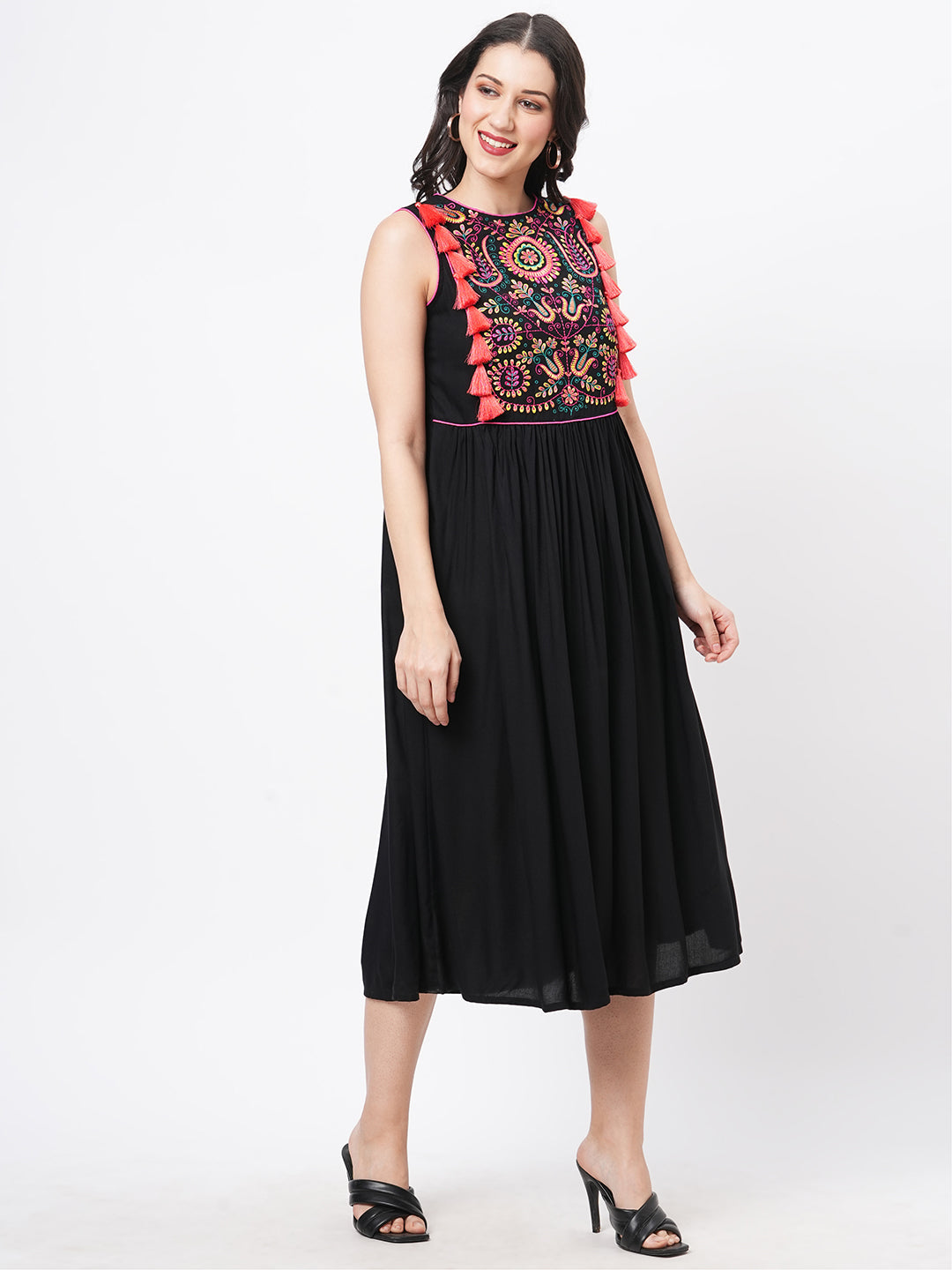 Featuring A Black Boho Calf Length Airy Dress With Tassel And Embroidery
