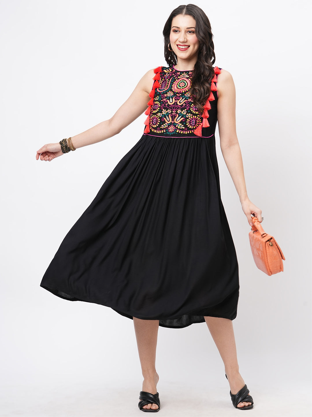 Featuring A Black Boho Calf Length Airy Dress With Tassel And Embroidery