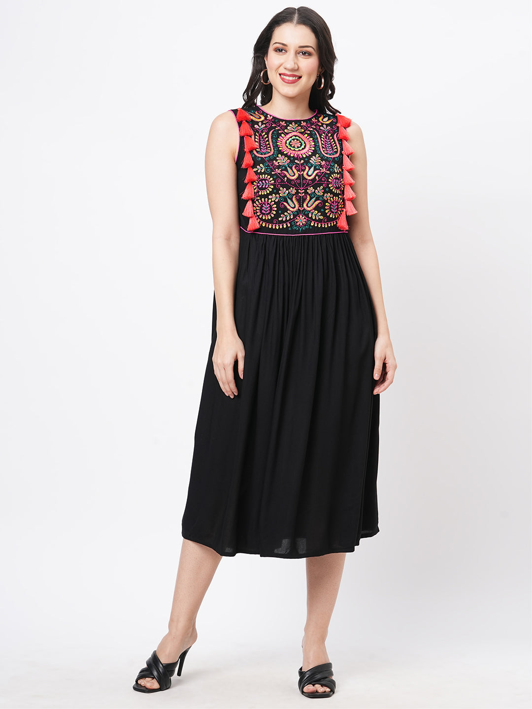 Featuring A Black Boho Calf Length Airy Dress With Tassel And Embroidery