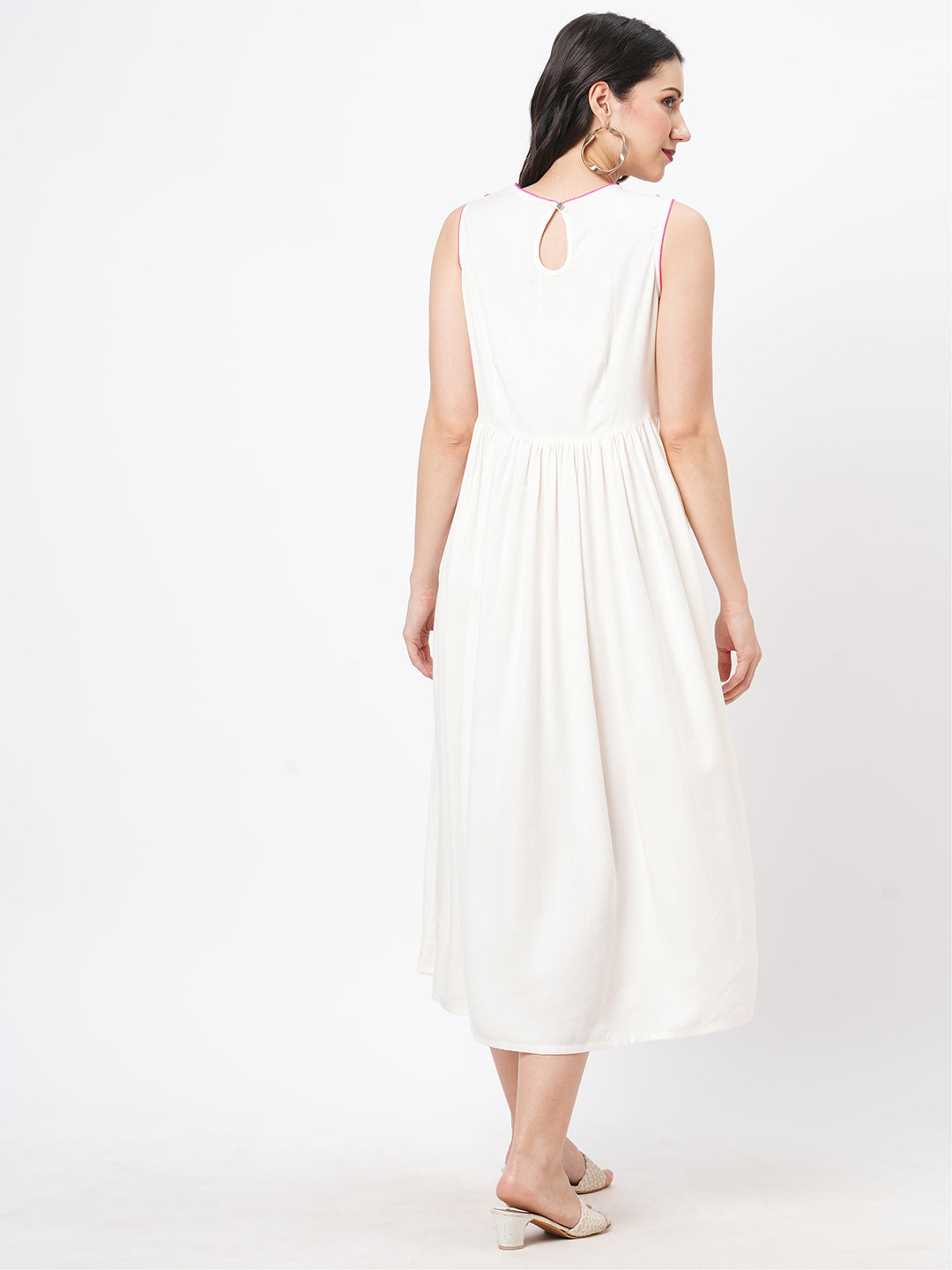 Featuring A Offwhite Boho Calf Length Airy Dress With Tassel And Embroidery