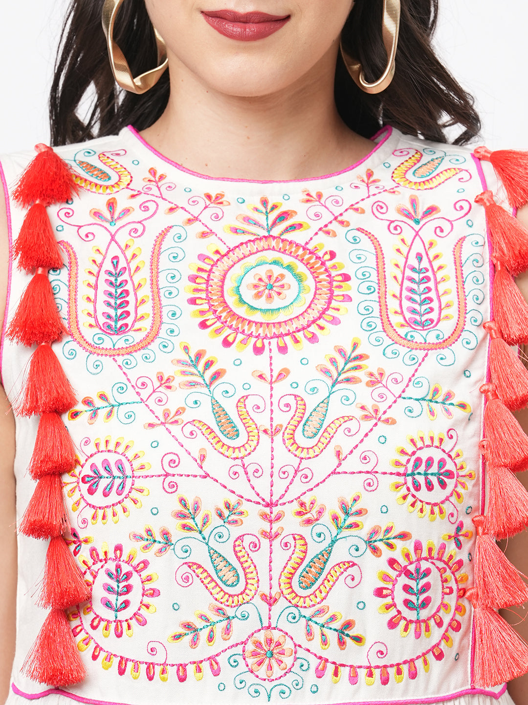 Featuring A Offwhite Boho Calf Length Airy Dress With Tassel And Embroidery