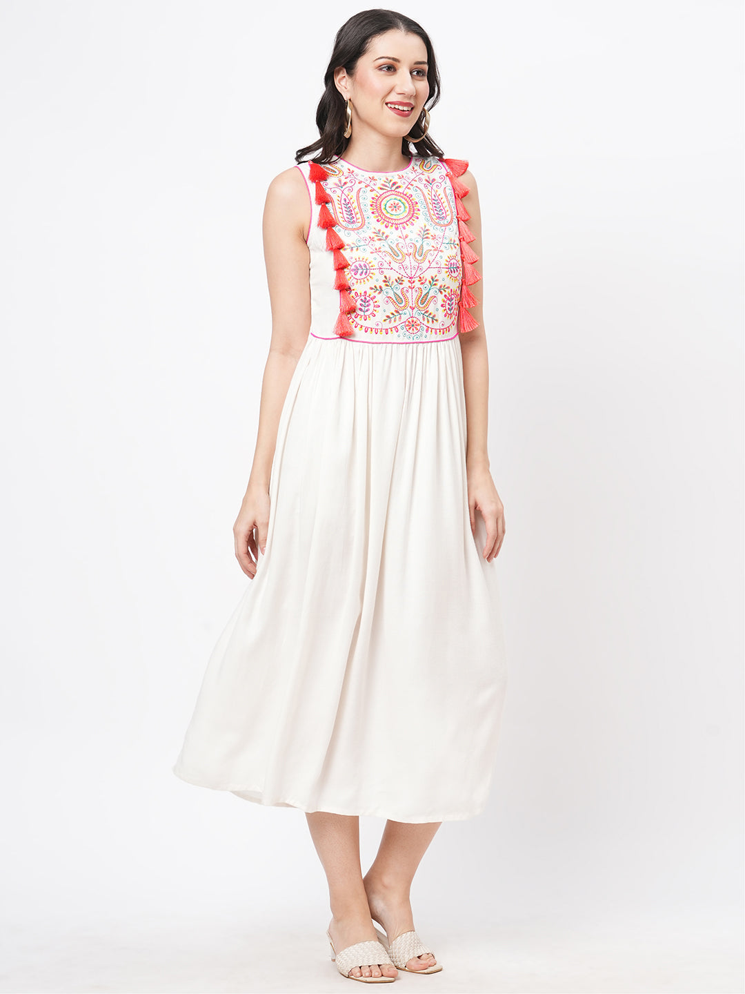 Featuring A Offwhite Boho Calf Length Airy Dress With Tassel And Embroidery
