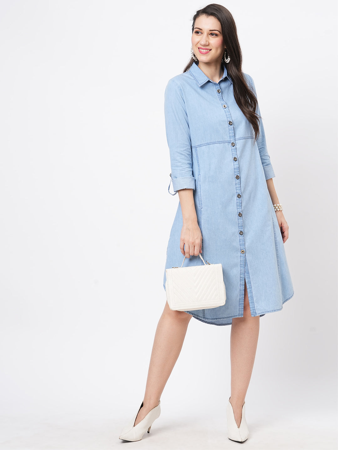 Discover Everyday Elegance: Knee-Length Denim Shirt Dress with Collar and  Daily Wear Embroidery