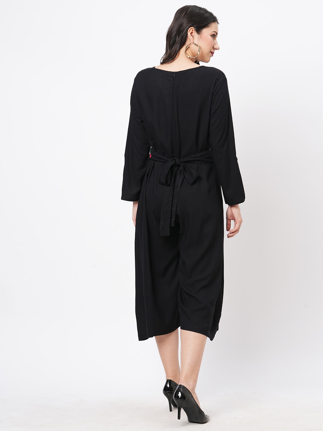 Featuring Black Viscose Rayon Calf Length Jumpsuit With Emmbroidered Belt.