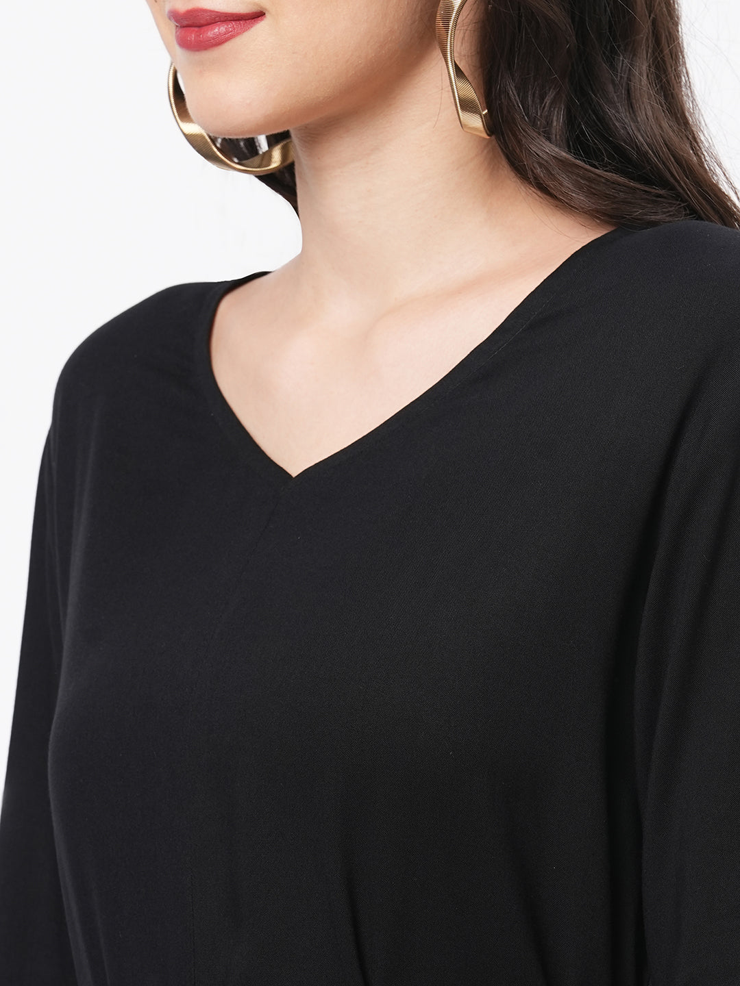 Featuring Black Viscose Rayon Calf Length Jumpsuit With Emmbroidered Belt.