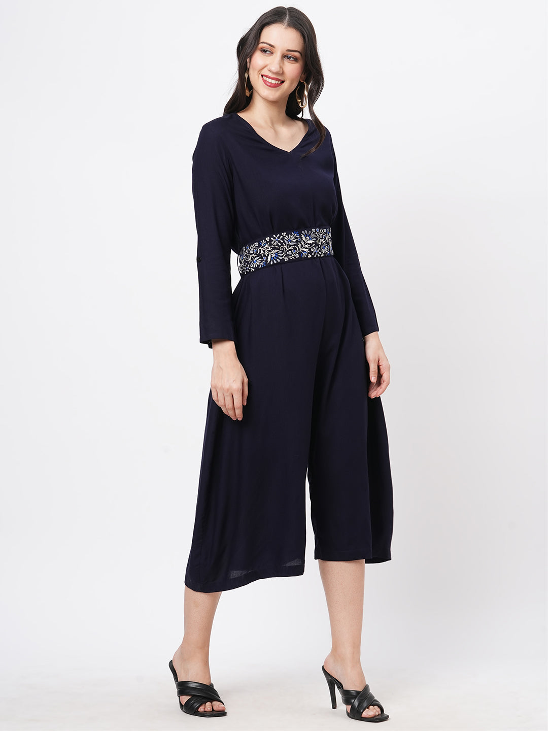 Featuring Navy Viscose Rayon Calf Length Jumpsuit With Emmbroidered Belt.