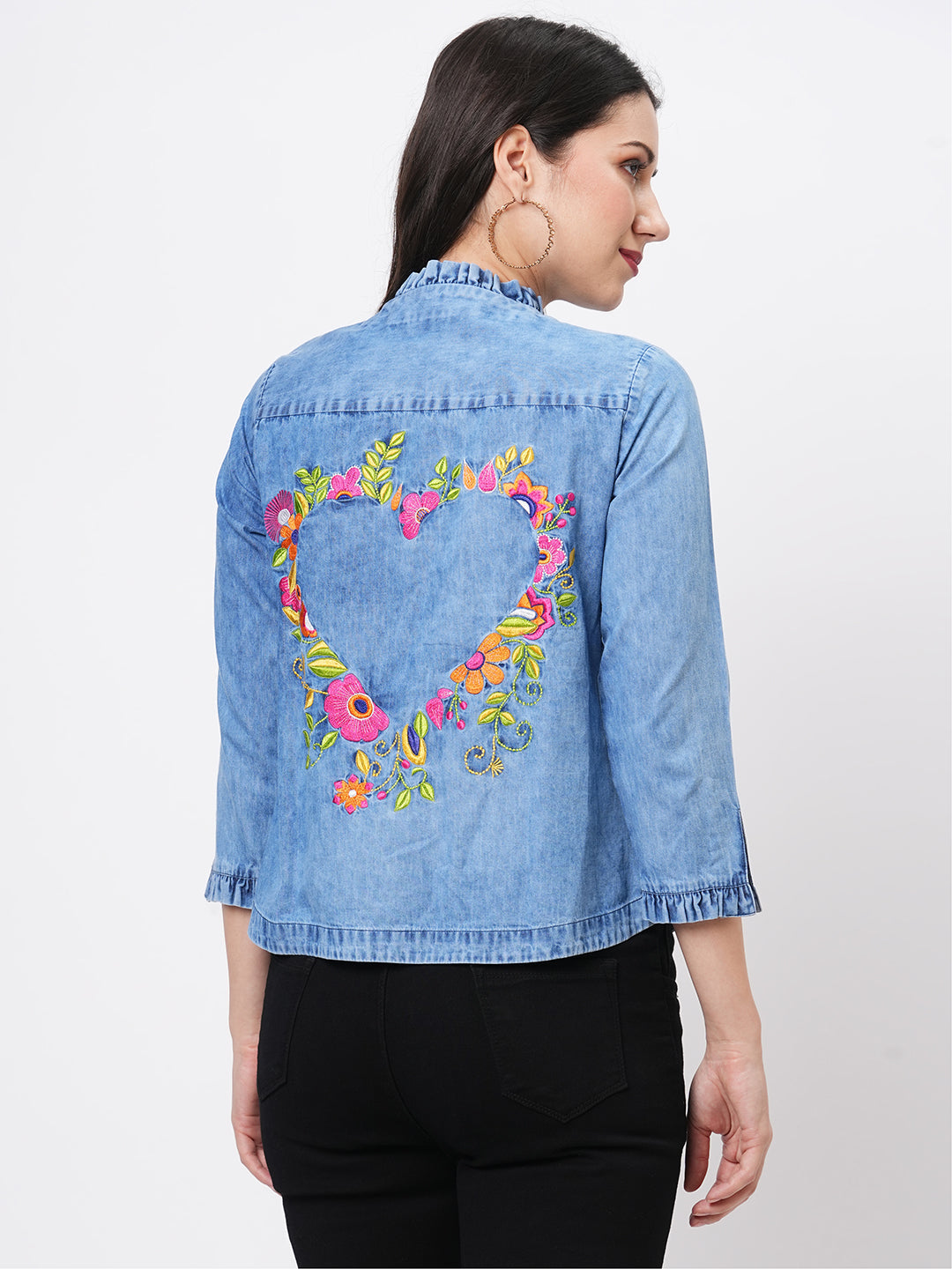 Jacket In Washed Cotton Denim With Embroidery On The Back And With Ruffle Detail On The Front.