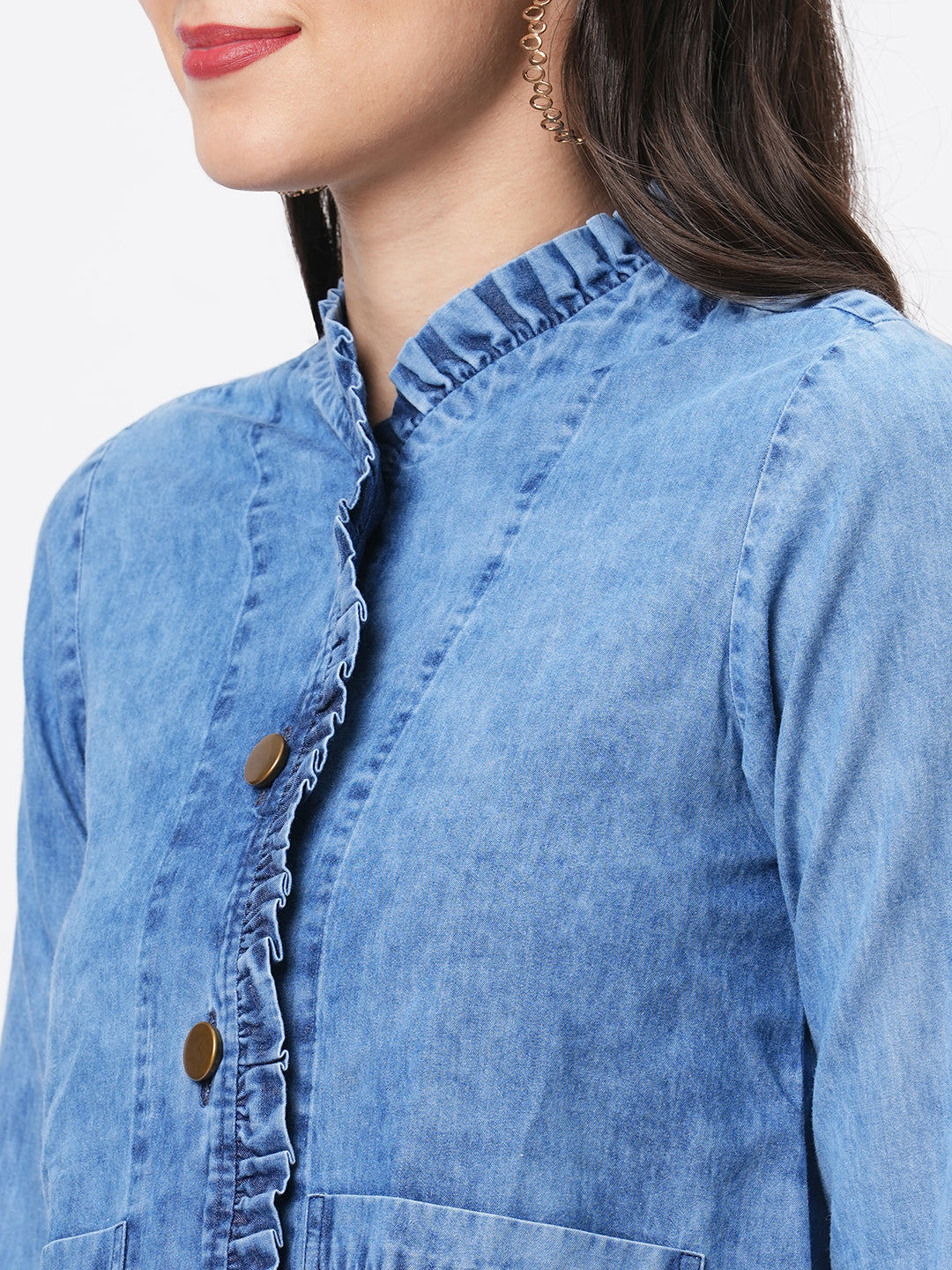 Jacket In Washed Cotton Denim With Embroidery On The Back And With Ruffle Detail On The Front.