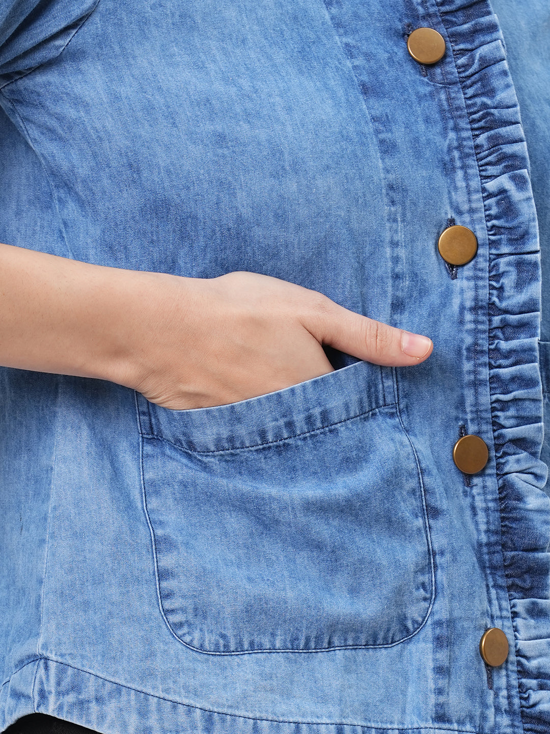 Jacket In Washed Cotton Denim With Embroidery On The Back And With Ruffle Detail On The Front.
