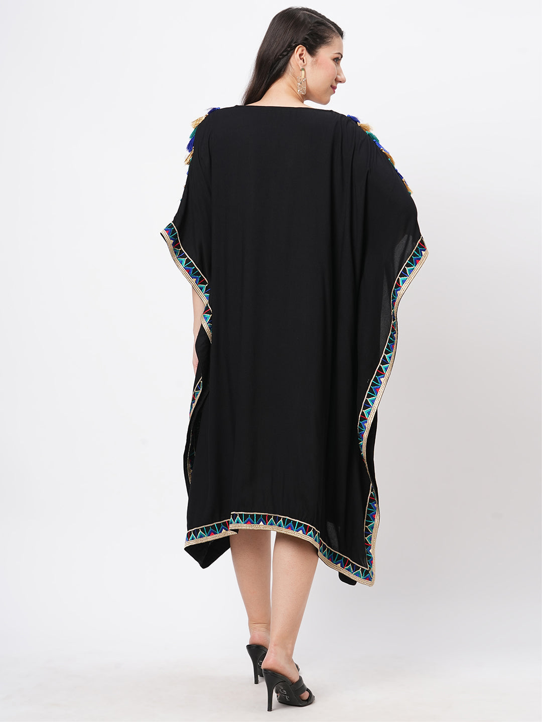 #Be featuring a black kaftan in viscose base with multi color tassel detailing