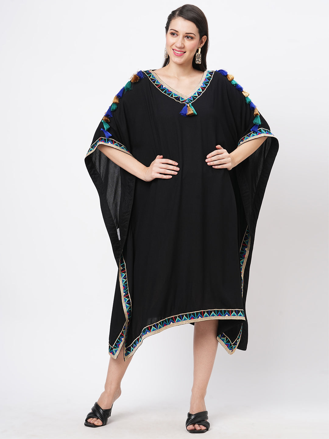 #Be featuring a black kaftan in viscose base with multi color tassel detailing