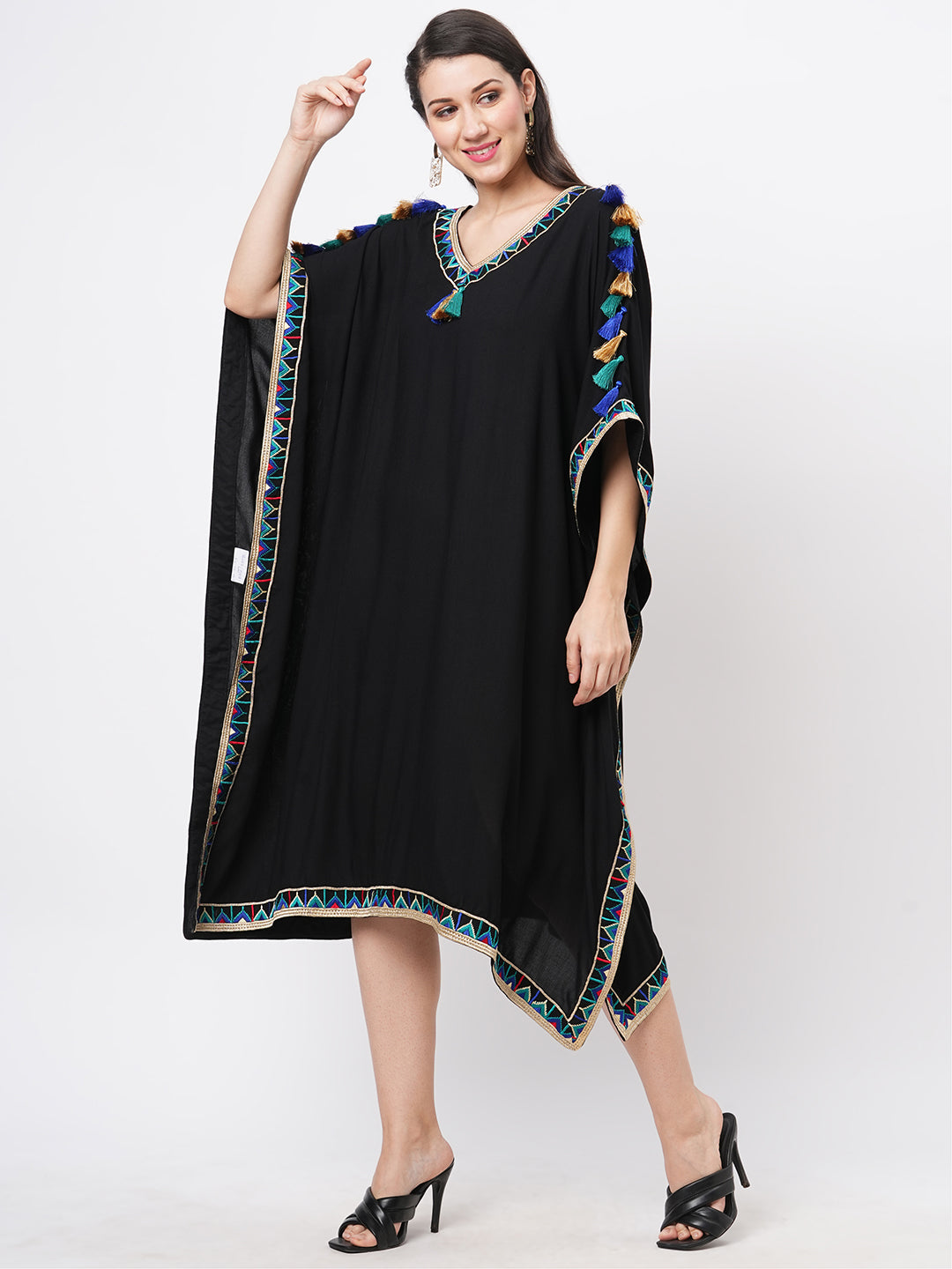 #Be featuring a black kaftan in viscose base with multi color tassel detailing