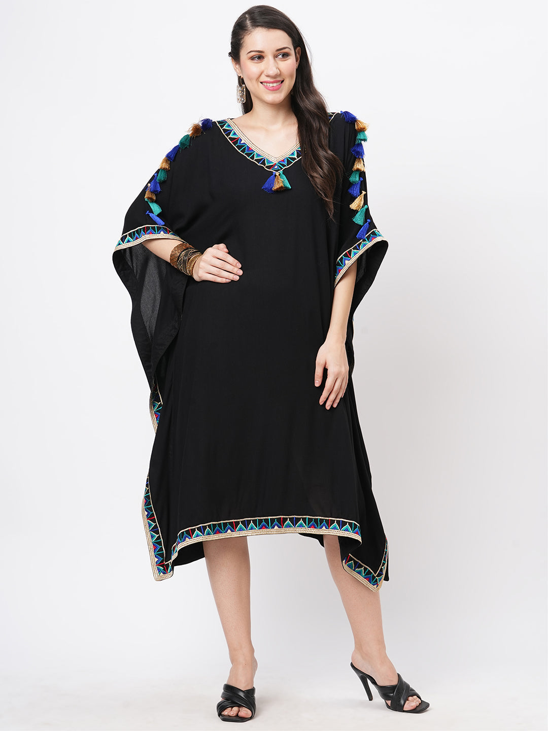 #Be featuring a black kaftan in viscose base with multi color tassel detailing