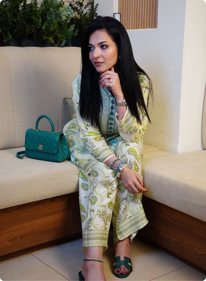 White and Green Printed Kurta Set
