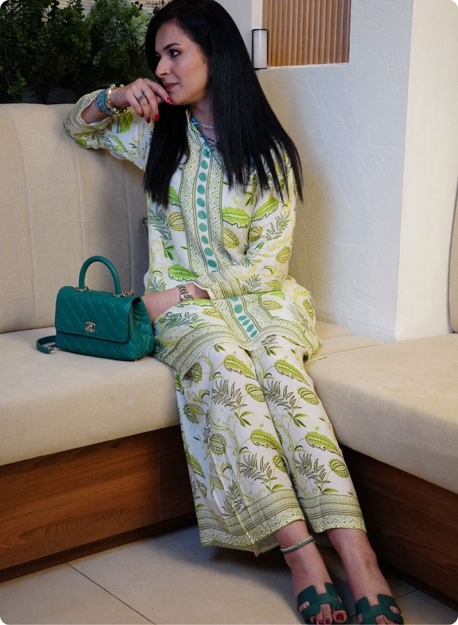 White and Green Printed Kurta Set