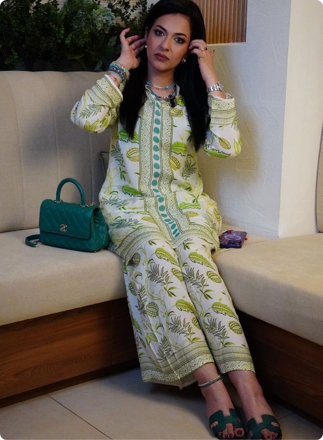 White and Green Printed Kurta Set