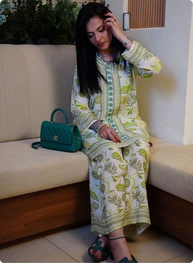 White and Green Printed Kurta Set