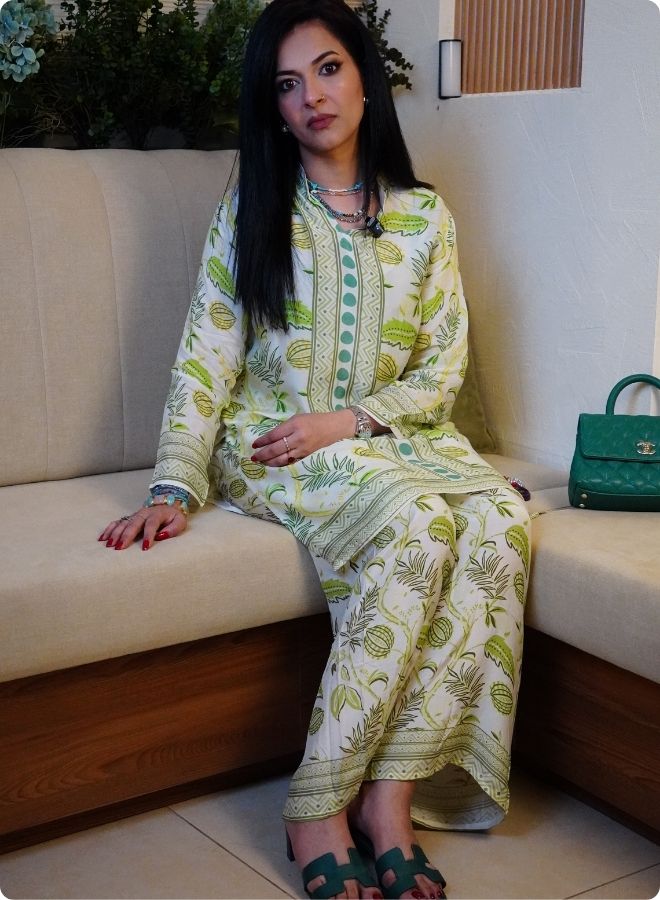 White and Green Printed Kurta Set
