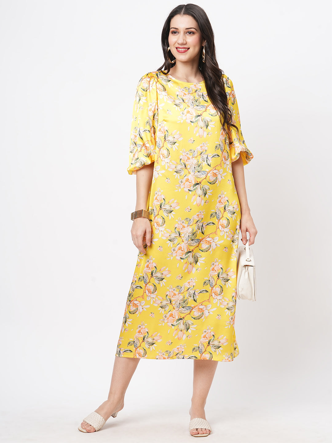 Oversized Canary Floral Print Calf Length Dress For A Date In The Evening