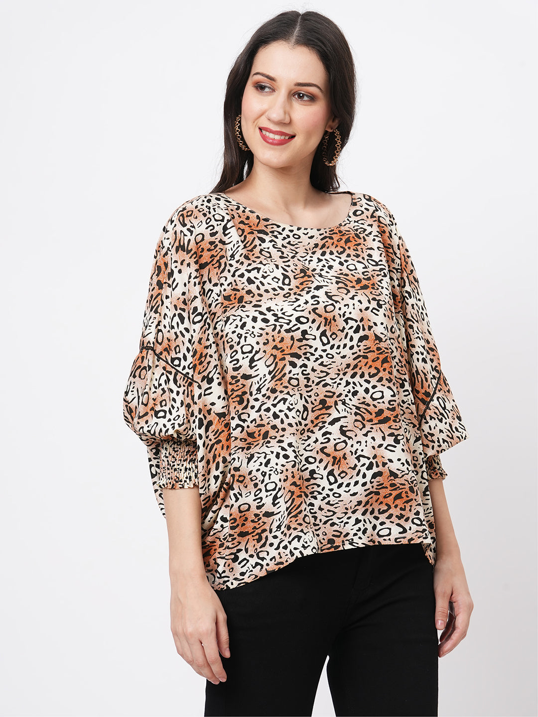 Loose Fit Animal Print Freesize Top With Smokin Details At The Cuff
